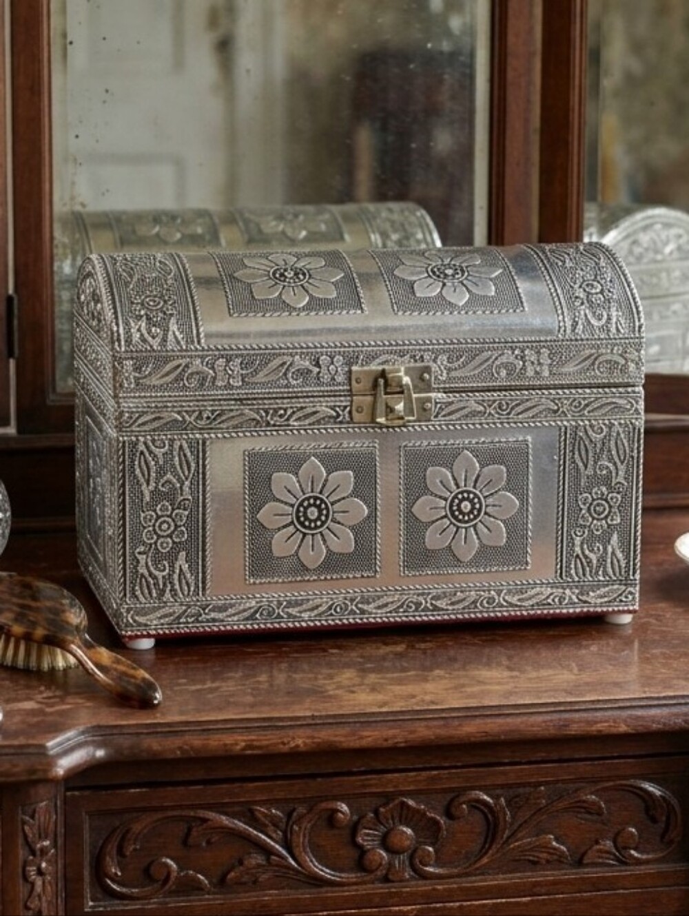Hand Embossed Floral Jewelry/Keepsake Chest 8x6x4